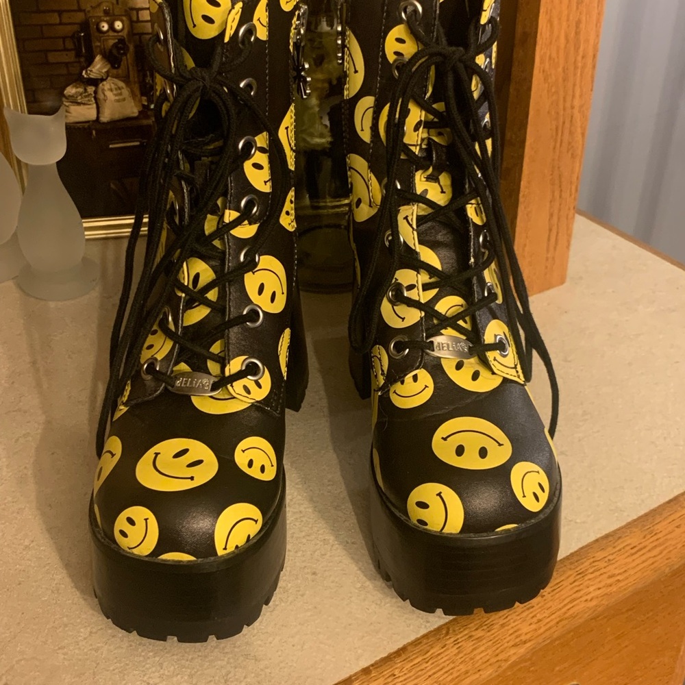 Black and Yellow Smiley Face Boots Dollskill Delia’s